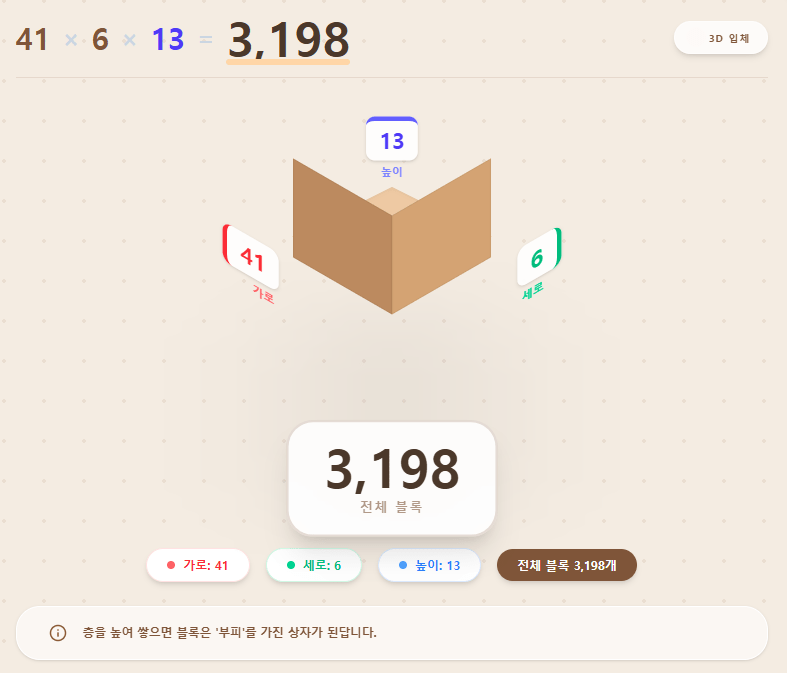 3D Isometric 기법으로 나무 블록이 정밀하게 입체적으로 쌓여 있는 곱셈 시각화 모드