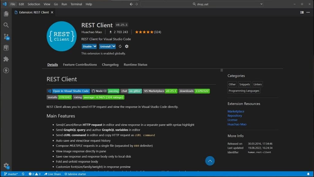 vs code 에서  rest client를 설치하는 장면